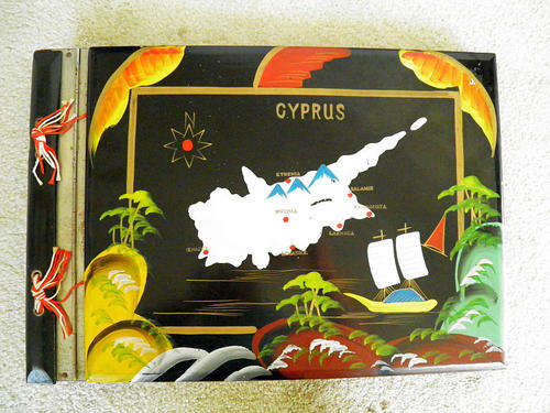 Large  Antique Wood and Laquer Photo Album Handpainted Black Pages Cyprus circa 1940