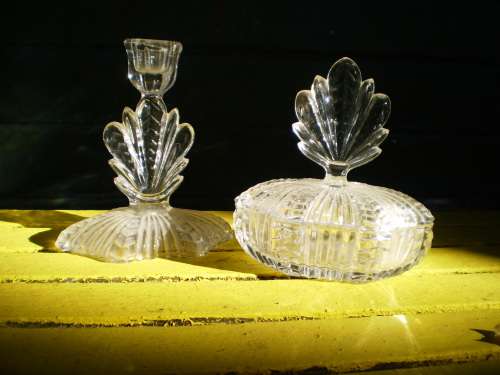 Art Nouveau Crystal Boudoir Jewelery Powder Box Trinket With Matching Candle Holder