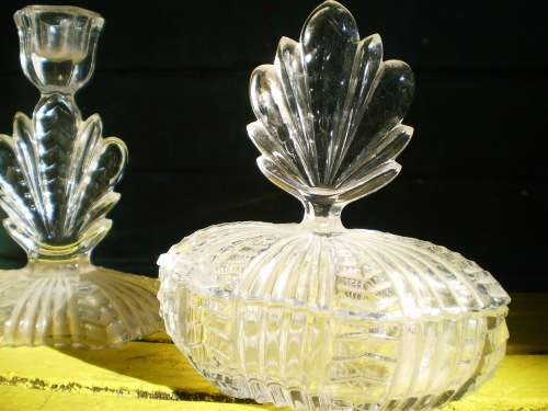 Art Nouveau Crystal Boudoir Jewelery Powder Box Trinket With Matching Candle Holder