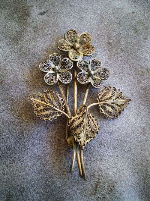 Beautiful Antique Filigre Flower Metal Brooch