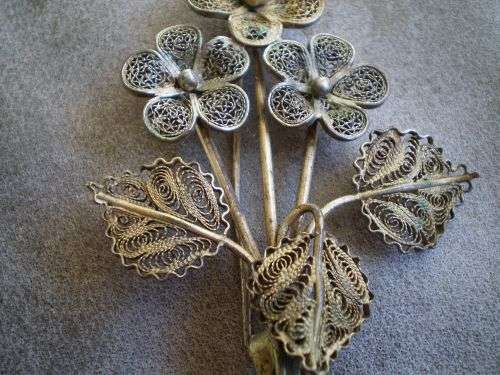 Beautiful Antique Filigre Flower Metal Brooch