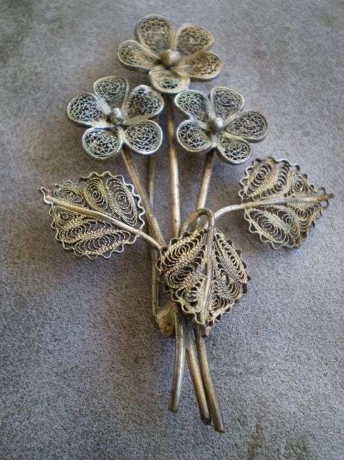 Beautiful Antique Filigre Flower Metal Brooch