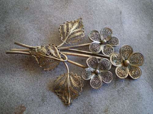Beautiful Antique Filigre Flower Metal Brooch