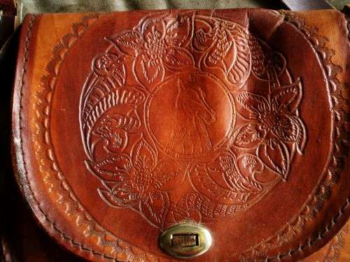 1970s Spanish Vintage Leather Hand Bag with horse and flower motif very good condition