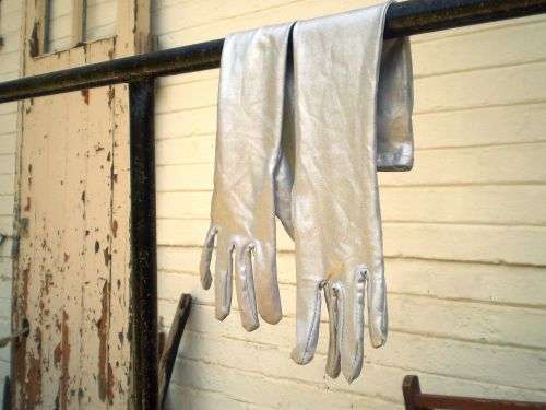 Original Vintage 1950s Silver Over Ellbow Ladies Evening Cocktail Gloves Size M very good condition