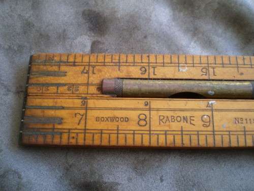 Antique Boxwood Brass Rawbone Carpernter Folding Measuring Tape Spirit Level