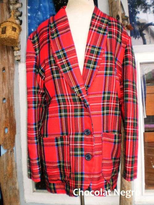 1980s Vintage Tartan Overlength Ladies Red Designer Blazer 100 %Wool Size 16 Excellent Condition