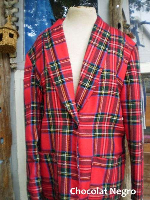 1980s Vintage Tartan Overlength Ladies Red Designer Blazer 100 %Wool Size 16 Excellent Condition