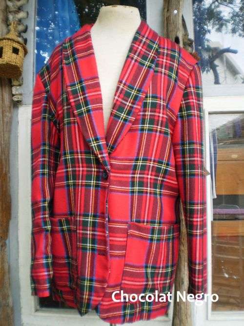 1980s Vintage Tartan Overlength Ladies Red Designer Blazer 100 %Wool Size 16 Excellent Condition