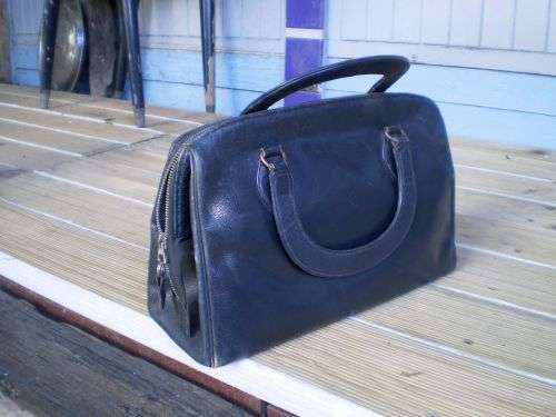Vintage 1960s Genuine "Luxury In Leather" Black Handbag Inside Outside Leather with original mirror
