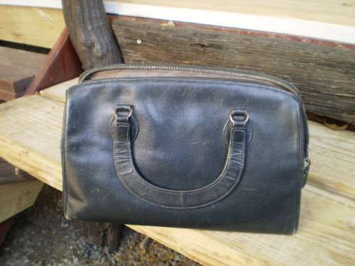 Vintage 1960s Genuine "Luxury In Leather" Black Handbag Inside Outside Leather with original mirror