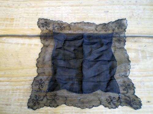 Delicate Antique Mourning Black Cotton Mousseline With Lace Border Ladies Handkerchief