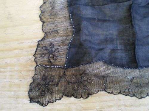 Delicate Antique Mourning Black Cotton Mousseline With Lace Border Ladies Handkerchief