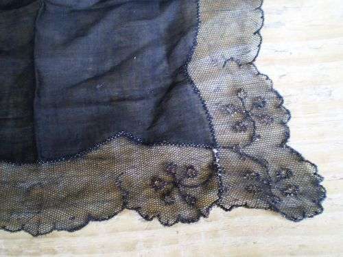 Delicate Antique Mourning Black Cotton Mousseline With Lace Border Ladies Handkerchief