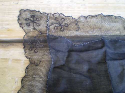Delicate Antique Mourning Black Cotton Mousseline With Lace Border Ladies Handkerchief