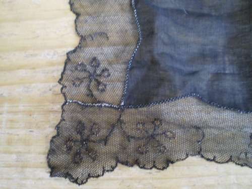 Delicate Antique Mourning Black Cotton Mousseline With Lace Border Ladies Handkerchief