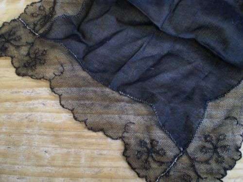 Delicate Antique Mourning Black Cotton Mousseline With Lace Border Ladies Handkerchief