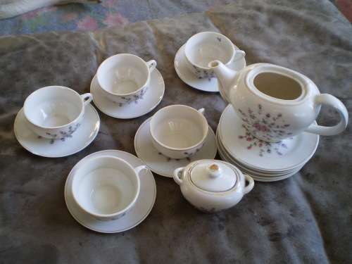 Vintage set of 5 floral miniature cups and saucers, plates one teapot and sugar pot
