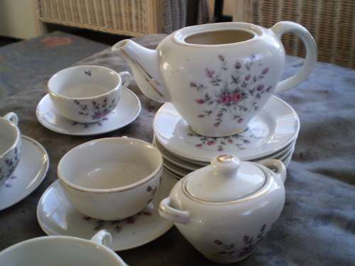 Vintage set of 5 floral miniature cups and saucers, plates one teapot and sugar pot