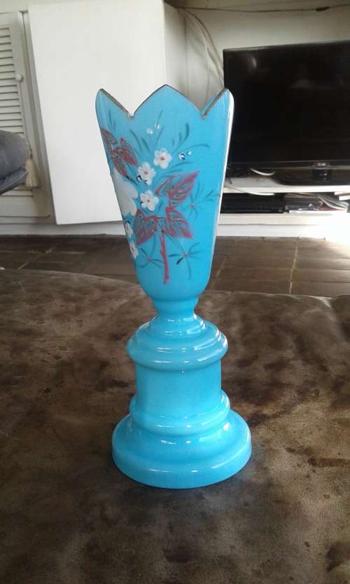 Antiqye Blue Glass Vase Handpainted marked