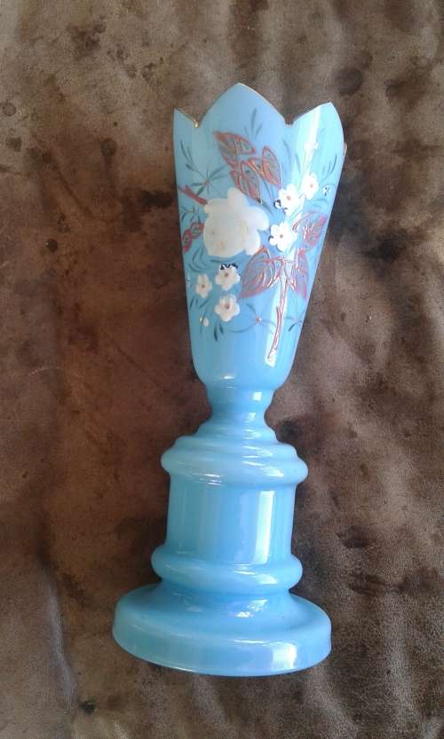 Antiqye Blue Glass Vase Handpainted marked