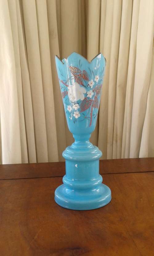 Antiqye Blue Glass Vase Handpainted marked