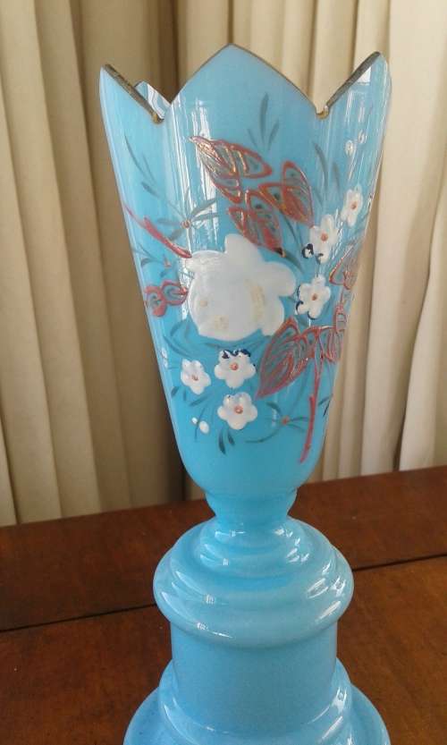 Antiqye Blue Glass Vase Handpainted marked