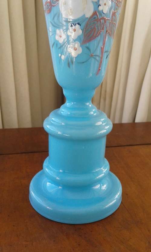 Antiqye Blue Glass Vase Handpainted marked