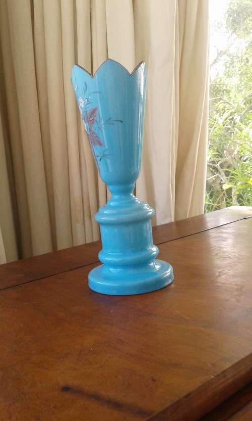 Antiqye Blue Glass Vase Handpainted marked