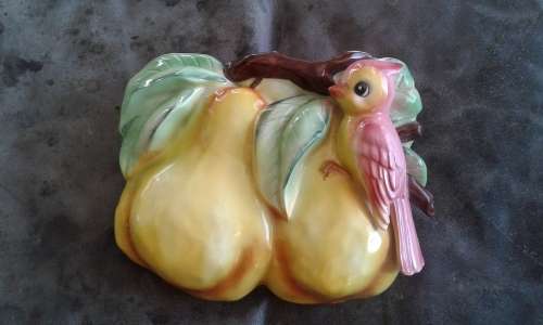 Antique bird on pears porcelain wall vase marked