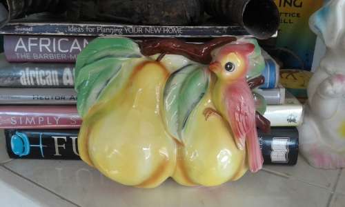 Antique bird on pears porcelain wall vase marked