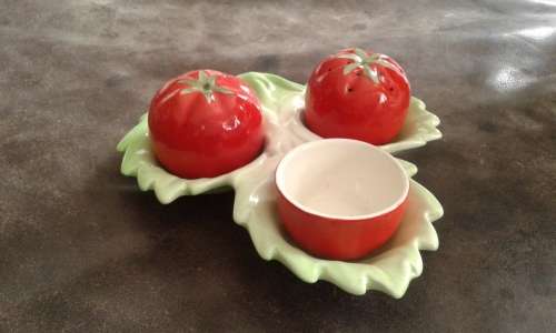 Antique Porcelain Tomato Shaped Salt And Pepper Shakers With Mustard Pot Marked Probably Carlton War