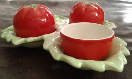 Antique Porcelain Tomato Shaped Salt And Pepper Shakers With Mustard Pot Marked Probably Carlton War