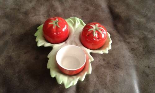Antique Porcelain Tomato Shaped Salt And Pepper Shakers With Mustard Pot Marked Probably Carlton War
