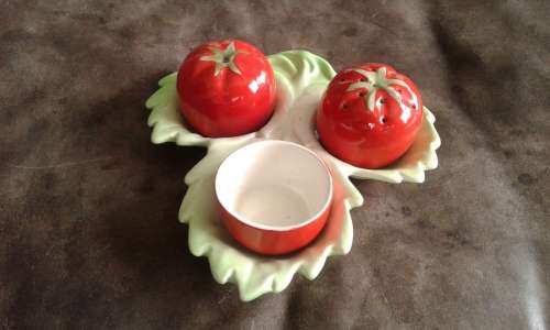 Antique Porcelain Tomato Shaped Salt And Pepper Shakers With Mustard Pot Marked Probably Carlton War