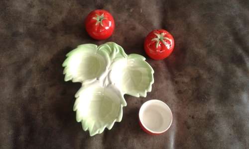 Antique Porcelain Tomato Shaped Salt And Pepper Shakers With Mustard Pot Marked Probably Carlton War