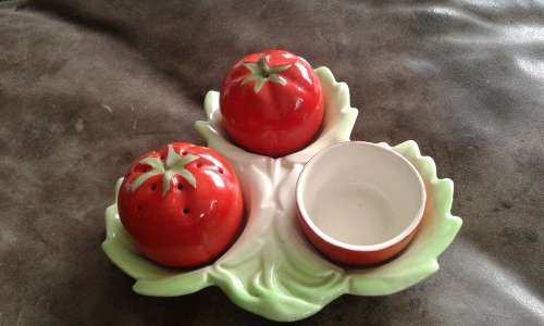 Antique Porcelain Tomato Shaped Salt And Pepper Shakers With Mustard Pot Marked Probably Carlton War