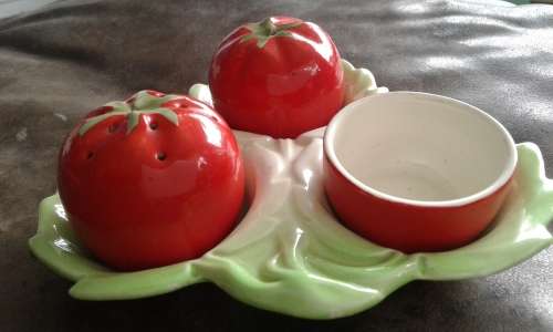 Antique Porcelain Tomato Shaped Salt And Pepper Shakers With Mustard Pot Marked Probably Carlton War