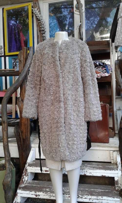 H M Grey Faux Fur Coat With Leather Belt Size 12 to 14