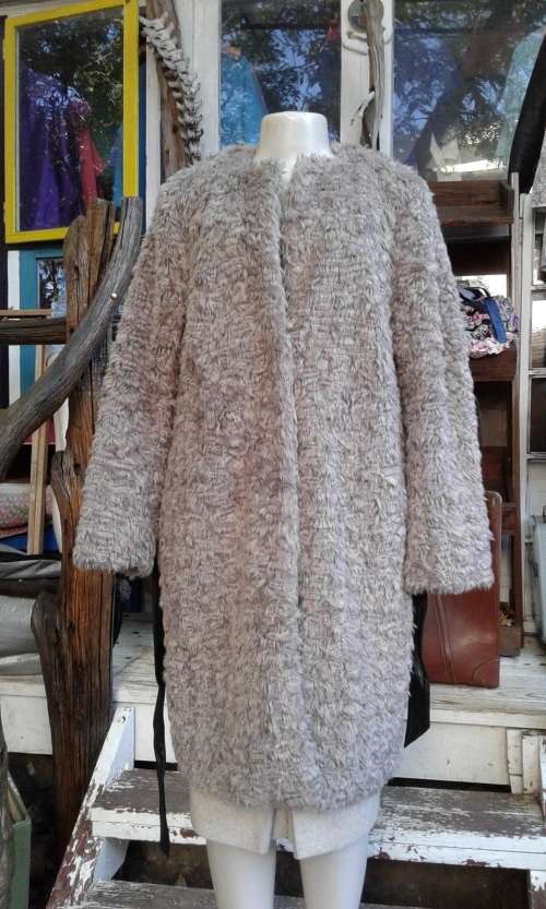 H M Grey Faux Fur Coat With Leather Belt Size 12 to 14