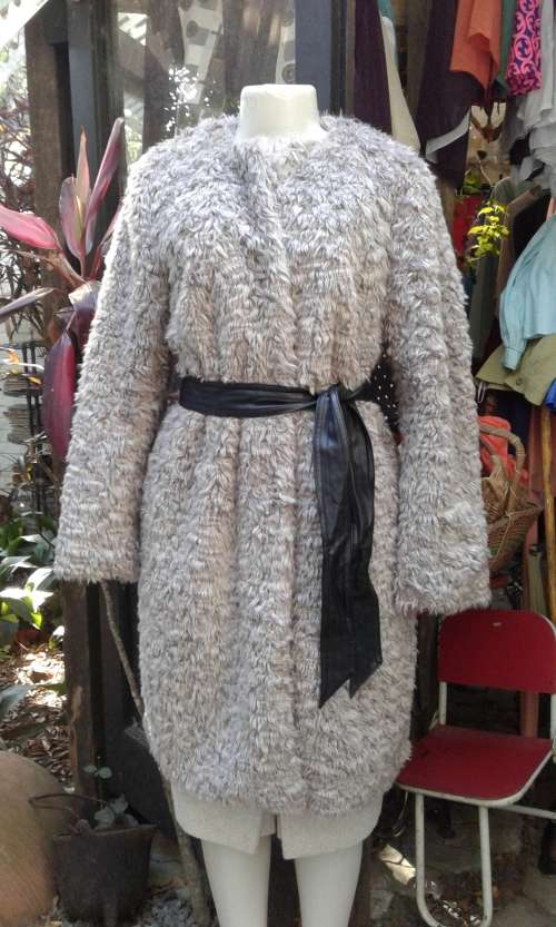 H M Grey Faux Fur Coat With Leather Belt Size 12 to 14