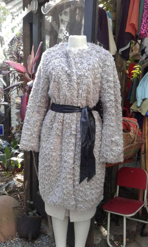 H M Grey Faux Fur Coat With Leather Belt Size 12 to 14