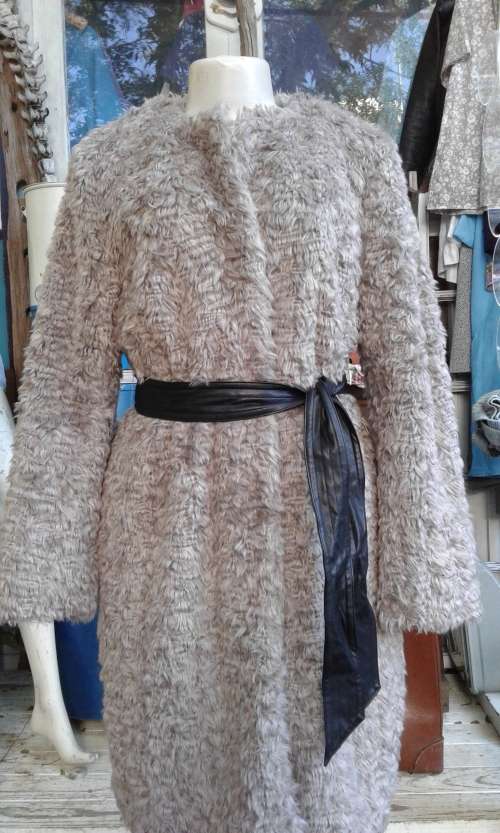 H M Grey Faux Fur Coat With Leather Belt Size 12 to 14