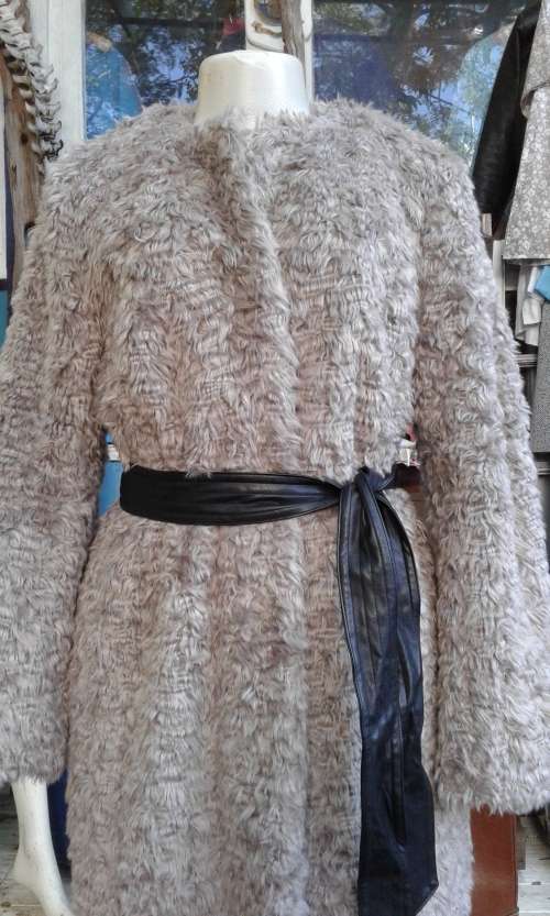 H M Grey Faux Fur Coat With Leather Belt Size 12 to 14