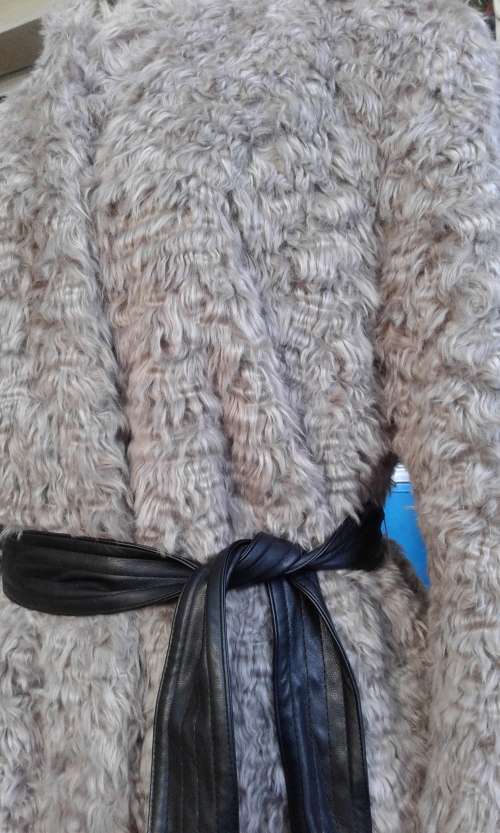 H M Grey Faux Fur Coat With Leather Belt Size 12 to 14