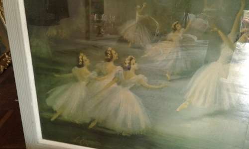 Vintage Large 1950s Carlotta Edwards Midcentury Swan Lake Ballerina Print Framed Under Glass
