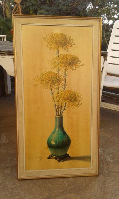 Rare Large Original 1960 Tretchikoff CHRYSANTHEMUMS Print Flowers In Oriental Vase Mid Century Frame