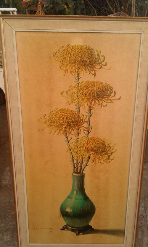 Rare Large Original 1960 Tretchikoff CHRYSANTHEMUMS Print Flowers In Oriental Vase Mid Century Frame