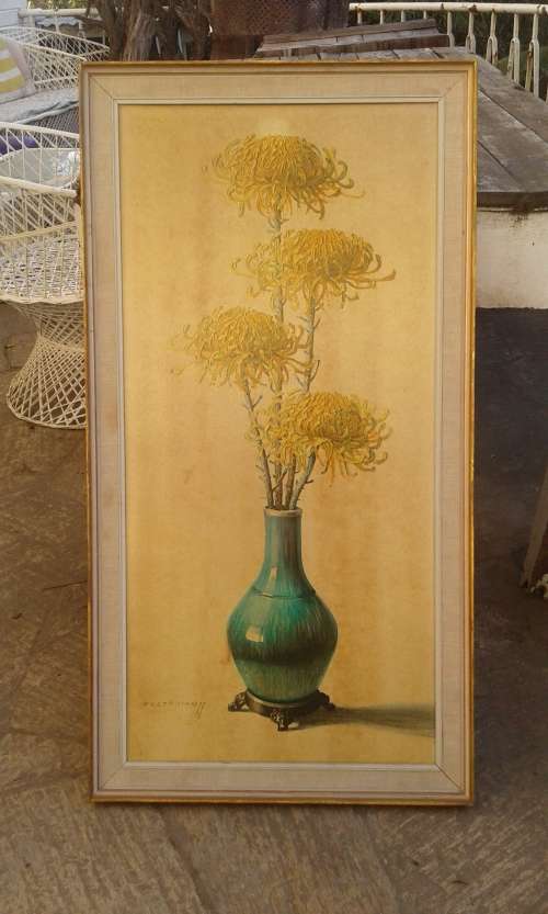 Rare Large Original 1960 Tretchikoff CHRYSANTHEMUMS Print Flowers In Oriental Vase Mid Century Frame