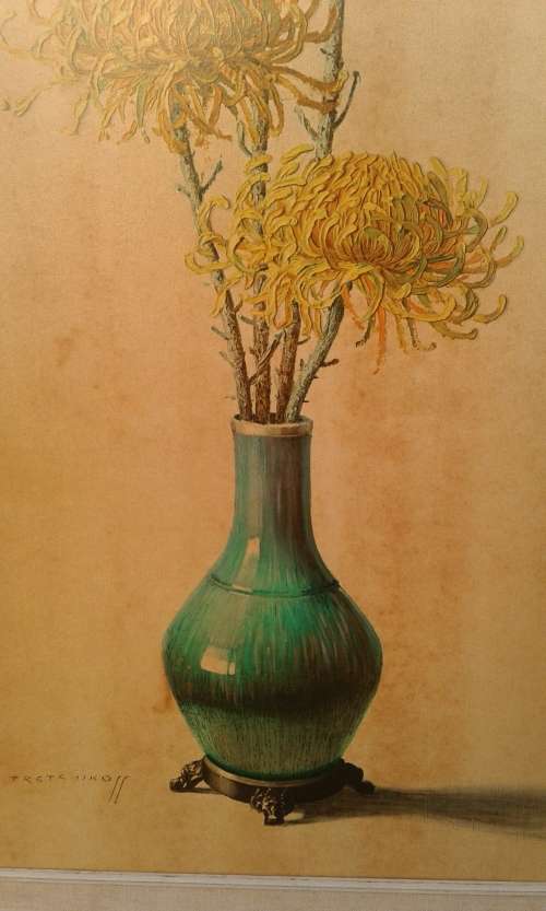 Rare Large Original 1960 Tretchikoff CHRYSANTHEMUMS Print Flowers In Oriental Vase Mid Century Frame
